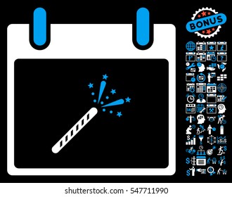 Sparkler Firecracker Calendar Day pictograph with bonus calendar and time management pictograms. Vector illustration style is flat iconic symbols, blue and white, black background.