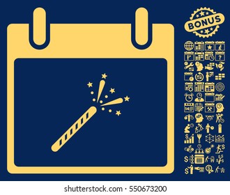Sparkler Firecracker Calendar Day pictograph with bonus calendar and time management symbols. Vector illustration style is flat iconic symbols, yellow, blue background.