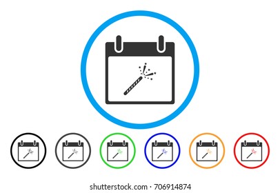 Sparkler Firecracker Calendar Day vector rounded icon. Image style is a flat gray icon symbol inside a blue circle. Additional color versions are grey, black, blue, green, red, orange.