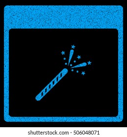 Sparkler Firecracker Calendar Page grainy textured icon for overlay watermark stamps. Flat symbol with dust texture. Dotted vector blue ink rubber seal stamp with grunge design on a black background.