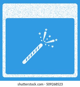 Sparkler Firecracker Calendar Page grainy textured icon for overlay watermark stamps. Flat symbol with dirty texture. Dotted vector white ink rubber seal stamp with grunge design on a blue background.