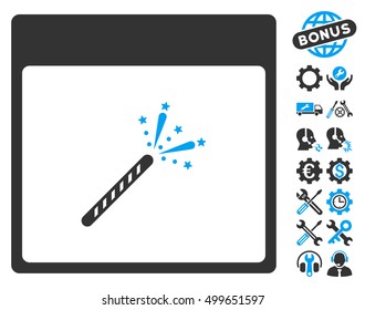 Sparkler Firecracker Calendar Page icon with bonus settings pictograph collection. Vector illustration style is flat iconic symbols, blue and gray, white background.