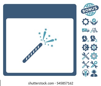 Sparkler Firecracker Calendar Page icon with bonus options icon set. Vector illustration style is flat iconic symbols, cyan and blue, white background.
