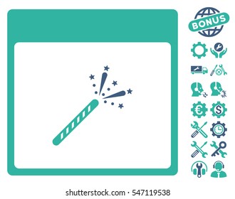 Sparkler Firecracker Calendar Page icon with bonus service graphic icons. Vector illustration style is flat iconic symbols, cobalt and cyan, white background.