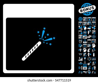 Sparkler Firecracker Calendar Page icon with bonus calendar and time management pictures. Vector illustration style is flat iconic symbols, blue and white, black background.