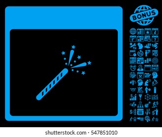 Sparkler Firecracker Calendar Page icon with bonus calendar and time management graphic icons. Vector illustration style is flat iconic symbols, blue, black background.