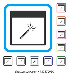 Sparkler Firecracker Calendar Page icon. Flat gray iconic symbol inside a light blue rounded frame. Black, gray, green, blue, red, orange color versions of Sparkler Firecracker Calendar Page vector.