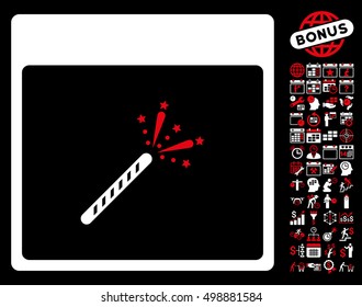 Sparkler Firecracker Calendar Page pictograph with bonus calendar and time management clip art. Vector illustration style is flat iconic symbols, red and white, black background.