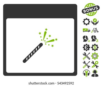 Sparkler Firecracker Calendar Page pictograph with bonus service pictograph collection. Vector illustration style is flat iconic symbols, eco green and gray, white background.