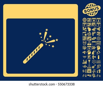 Sparkler Firecracker Calendar Page pictograph with bonus calendar and time management graphic icons. Vector illustration style is flat iconic symbols, yellow, blue background.