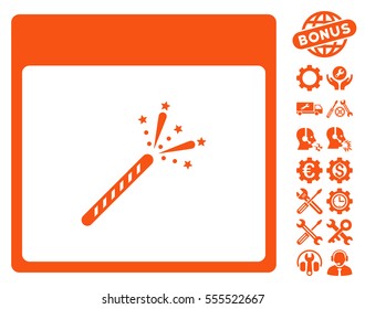 Sparkler Firecracker Calendar Page pictograph with bonus settings pictograms. Vector illustration style is flat iconic symbols, orange, white background.