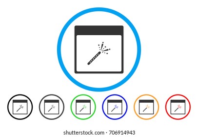Sparkler Firecracker Calendar Page vector rounded icon. Image style is a flat gray icon symbol inside a blue circle. Bonus color variants are grey, black, blue, green, red, orange.