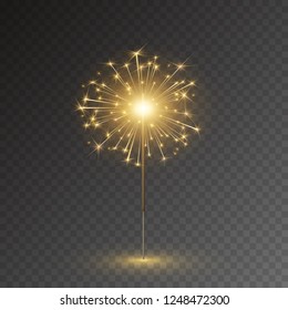 Sparkler firework isolated on transparent background. Festive golden Christmas sparkler candle lights. Vector burning bengal firework at night sky for New Year, birthday or Diwali design.