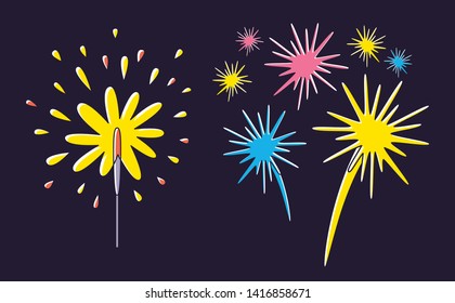 Sparkler and fireworks cartoon vector holiday celebration design icons