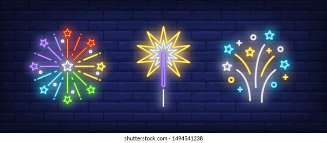 Sparkler and fireworks neon signs set. Holiday, anniversary, pyrotechnics design. Night bright neon sign, colorful billboard, light banner. Vector illustration in neon style.