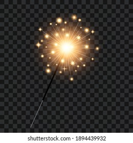 Sparkler, golden Christmas bengal light, isolated vector illustration.