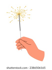 Sparkler in the hand on white background. Hand holding burning sparkler.	
