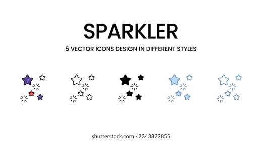 Diseño de iconos de Sparkler en estilo Cinco con barra editable. Línea, Sólido, Línea plana, Color de tono Duo y Línea de degradado de color. Adecuado para diseño de páginas Web, aplicaciones móviles, UI, UX y GUI.