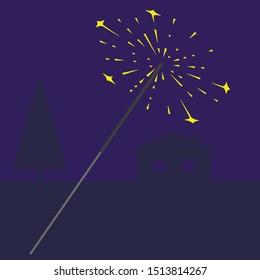 Sparkler on dar backrgound wih christmas tree and house
