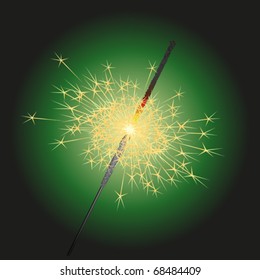 Sparkler on green background. Realistic vector illustration.