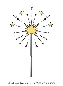 Sparkler. Pyrotechnics. Color vector illustration. Cartoon style. Yellow sparks from a lit fire in the form of stars. Isolated background. A burning attribute for a festive event. Idea for web design.