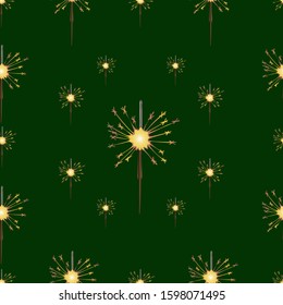 Sparkler. Pyrotechnics. Seamless vector pattern. An endlessly repeating ornament. Isolated green background. Cartoon style. Christmas. New Year. Festive print. Bright sparks. Traditional attribute.