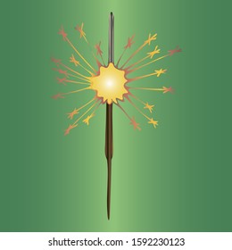 Sparkler. Pyrotechnics. Vector illustration. Isolated green background. Cartoon style. Christmas. New Year. Festive print. Bright sparks. Traditional attribute of the holiday. A magical atmosphere.