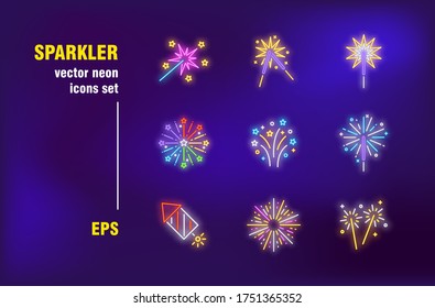 Sparkler set in neon style. Firework, lightning and star. Vector illustrations for bright billboards. Holiday and entertainment concept