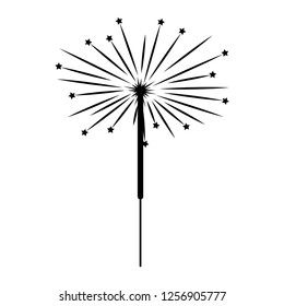 Sparkler sign with stars. Mark of spark for entertainment. Celebration symbol. Beautiful black icon isolated on white background. Image of bengal light. Logo for holiday, celebration. Stock vector