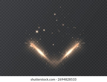Sparkler trails forming a V-shape with warm golden glow on transparent background. Shimmering particles and star dust create a festive firework effect for overlays and celebratory designs.