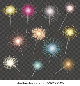 Sparkler vector bright sparkling for celebration christmas new year party sparklets illustration set of sparkled firework spark bengal burning on birthday isolated on transparent background.
