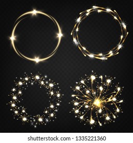 Sparklers from burning sparkler, pyrotechnics effects, magical lights moving in circle realistic vector set isolated on transparent background. Holiday party celebration fireworks elements collection