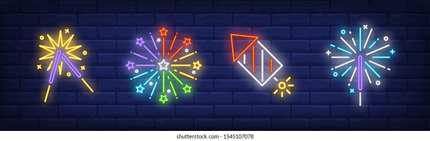 Sparklers and firework rocket neon signs set. Holiday, anniversary, pyrotechnics design. Night bright neon sign, colorful billboard, light banner. Vector illustration in neon style.