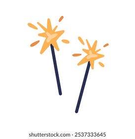 Sparklers, firework sticks glowing with bright sparks. Festive bengal light for holiday celebration, party. Fire spark on magic wand. Flat graphic vector illustration isolated on white background