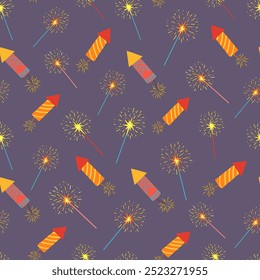 Bengalas y fuegos artificiales sin patrón. Vector dibujado a mano ilustración. Diwali, año nuevo, cumpleaños, impresión de la Navidad. Diseño festivo del ornamento con los Elementos modernos planos para empaquetar