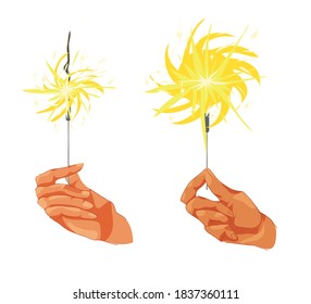 sparklers in hands. hands and fingers. festive mood, celebration. New year's night. sparkle. vector isolated