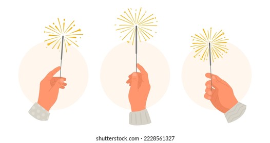 Sparklers in hands  Hand holding burning sparklers  Vector illustration set Celebration New Year  birthday  Christmas 