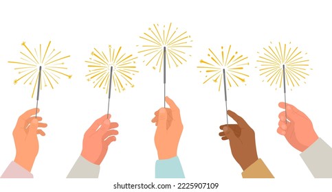 Sparklers in human hands  Friends celebrating and burning sparklers in hands  Celebration New Year  birthday  Christmas  Vector illustration isolated white background 