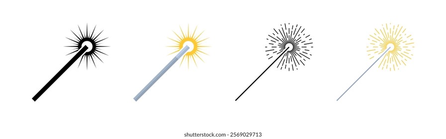 Sparklers icons. Linear, silhouette and flat style. Vector icons.