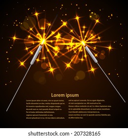Sparklers on black background. Vector illustration.