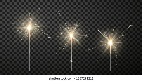Sparklers with sticks of different lengths realistic set. Bengal festive lights collection. Blue holiday flare. Christmas magic decoration. Vector sparklers isolated on transparent background.