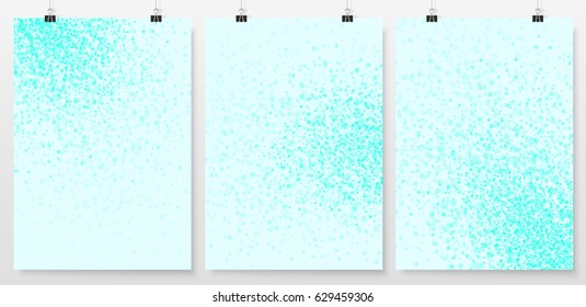 Sparkles backgrounds set. Poster design backdrops collection. Blue rain splashes. Glitter abstract. Bokeh. Magic glow on white. Shimmer wallpaper. Vector illustration.