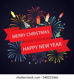 sparkles and firework background with banner. can be use for christmas, holiday celebration, party, and new year event. vector  illustration