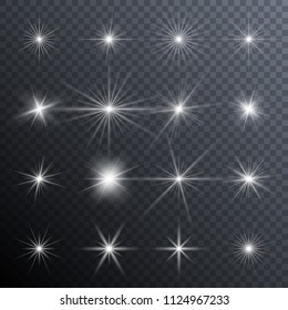 Sparkles. Glowing light effects. Sparkling and shining stars, bright flashes of lights with a radiating. Transparent light effects in vector