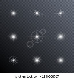 Sparkles. Glowing light effects. Sparkling and shining stars, bright flashes of lights with a radiating. Transparent light effects in vector