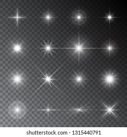 Sparkles. Glowing light effects. Sparkling and shining stars, bright flashes of lights with a radiating. Vector transparent illustration