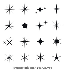 Sparkles icon set, black glowing effect decoration. Stars shine brightly with flashes of light. Vector flat style cartoon illustration isolated on white background