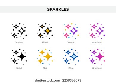 Sparkles icons in different style. Sparkles icons set. Holiday symbol. Different style icons set. Vector illustration