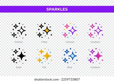 Sparkles icons in different style. Sparkles icons set. Holiday symbol. Different style icons set. Vector illustration
