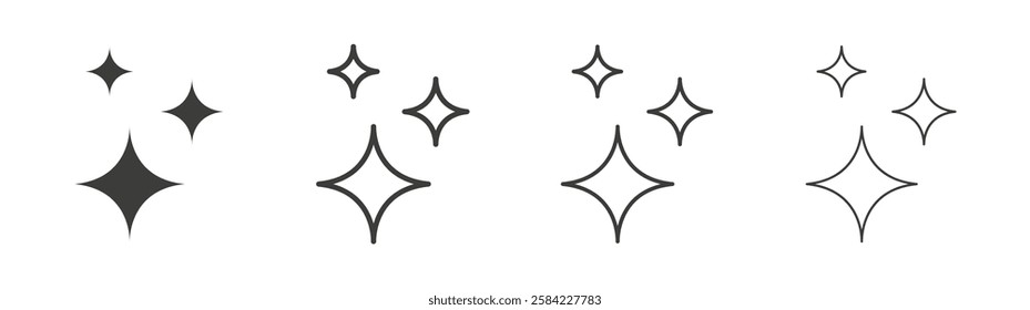 Sparkles icons set. Liner outlined and flat black color